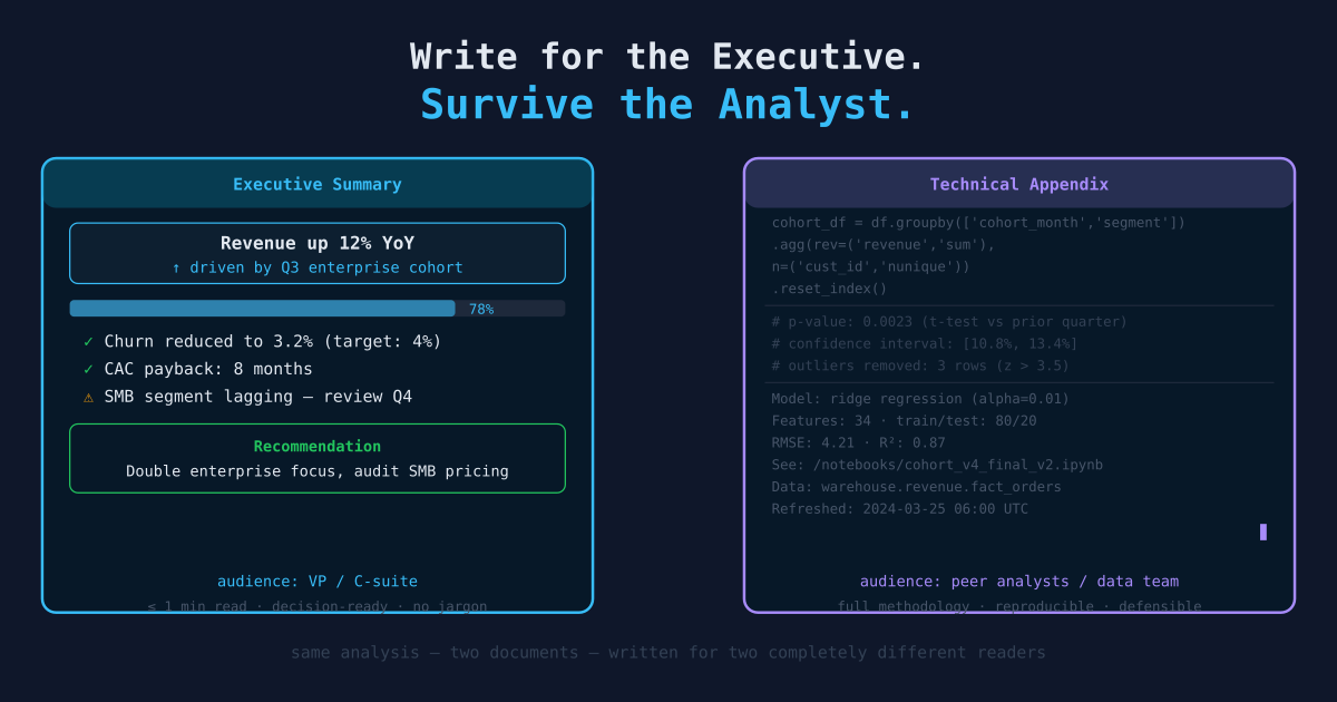 Write for the Executive. Survive the Analyst.